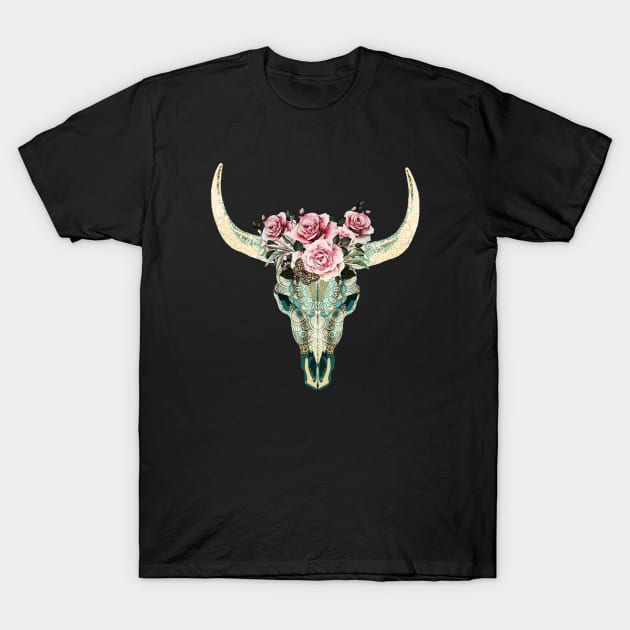 Cow Skull and floral roses crown, boho, bull skull, watercolor style and mandala decorations T-Shirt by Collagedream